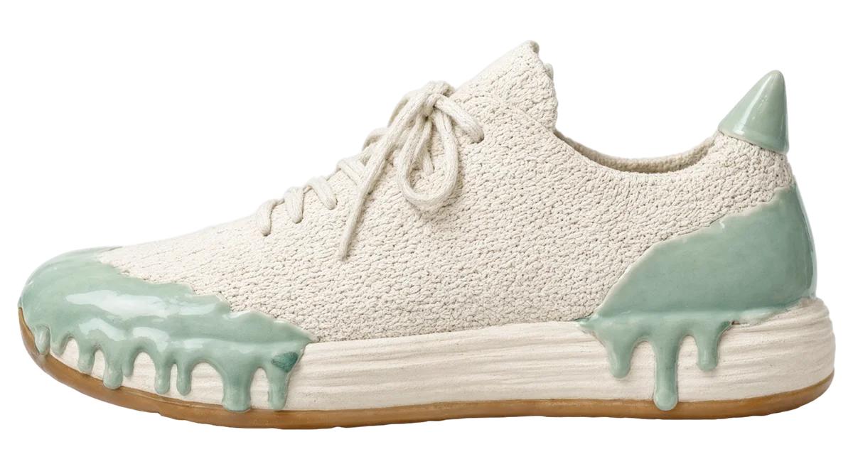 DIP 01 knit sneaker in Celadon: off-white knit with a glossy pale jade glaze dipped over the toe and heel